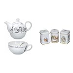 Creative Tops V&A Alice in Wonderland Teapot and Cup Set for 1 in Gift Box, Fine China Tea Set, White, 250 ml & New English Teas Alice in Wonderland Mini Tea Tins gift with loose-leaf black tea