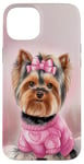 iPhone 15 Plus Aesthetic Pink Christmas Yorkshire Terrier Holiday Xmas Case