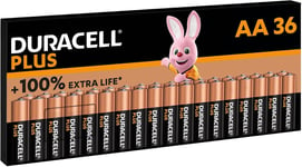 Duracell Plus AA Batteries 36 Pack - Alkaline 1.5V - Up To 100% Extra Life - For