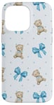 Coque pour iPhone 14 Pro Max Ruban bleu avec motif à pois et ours en peluche mignons