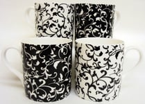 Venetian Mugs Set 6 Bone China Black & White Balmoral Mugs Hand Decorated UK