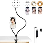 LEDGLE Clip On Desk Lamp Led Ring Light with Phone Holder, 3-Colors Dimmable and Stepless Dimming, Amber Eye-Care Light, for Tiktok YouTube Video Makeup Photography Live Streaming