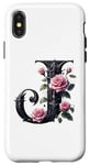 Coque pour iPhone X/XS Black Letter J Floral Monogram Initial J Rose Pink Flower