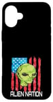 iPhone 16 Plus Funny Alien UFO USA Flag and Green Alien Head Case