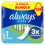 Always Ultra Sanitary Towels/Pads with Wings, Normal Size 1, Ultra Thin, 128 Towels (32 x 4 Packs), Super Saving Box, Odour Neutraliser, Super Absorbent Core