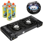 Portable Double Twin Burner Hob Dual Camping Gas Stove Cooker With 4 Gas Refills