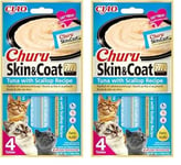 INABA Churu Skin & Coat - Friandises pour Chats en Purée au Thon et Pétoncle - Oméga 3 & 6 et Taurine - Snacks pour Félins, Texture Onctueuse - Nourriture pour Chats, Peau & Pelage - 4 Tubes x 14g