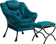 Fauteuil Chaise Scandinaves Avec Repose-Pieds, Chaise Paresseuse En Velours Chaise De Canapé De Loisirs Avec Structure En Acier, Bleu Vert Avec Repose-Pieds