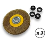 Lot de 3 brosses circulaires laiton ø 125 mm Epaisseur 2 rangs Fil souple 0.20 mm ondulé Alésage 16 mm Touret meuleuse affûteuse ponceuse Brossage