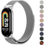 Armband Kompatibel med Xiaomi 8 Män Kvinnor, Metallarmband för Xiaomi Mi Band 8 Magnetisk Rostfritt Stål Mesh Armband med Stark Magnetism Silver