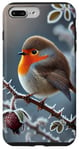 Coque pour iPhone 7 Plus/8 Plus Rouge-gorge d'hiver perché sur une branche givrée de rosier