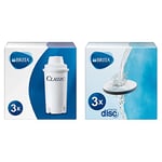 BRITA Pack de 3 filtres Classic, réduit le calcaire, le chlore, le plomb et autres impuretés pour une eau du robinet plus pure & Pack de 3 filtres Microdisc, pour bouteilles et gourdes filtrantes