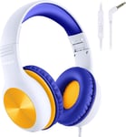 Casque Audio Enfant,Casque Enfant Audio Filaire Avec Microphone,85/94Db Limite De Volume,Sonore Hd,Fonction De Partage,Casque Enfant Pliable Pour Ipad/Tablet/Pc/Voyage/Ecole,Blanc Orange