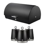 Swan Serenity Roll Top Bread Bin & Canisters Matching Kitchen Set (Black)