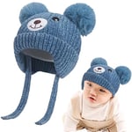 Cute Bear Kids Winter Fleece Lined Knitted Hat with Ear Flaps Dual Pom-Pom Chenille Furry Beanie Earflap Warm Beanie Hat with Strap Cold Weather Warm Hat for 1-5 Y Infant Toddler Boys Girls