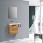 Meuble lave-mains avec porte serviette intégré TABLO 400 dans différentes couleurs, Avec miroir LED 2073, Aspect chêne