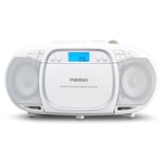 MEDION E66476 Système de son stéréo (Boombox, lecteur CD, MP3, cassette, lecteur de cassette portable pour enfants, radio FM, AUX, casque, secteur et batterie) Blanc