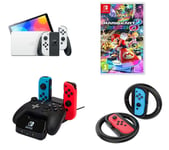 Nintendo Switch OLED White, PowerA Controller Charging Station, Venom Joy-Con Racing Wheels & Mario Kart 8 Deluxe Bundle, White