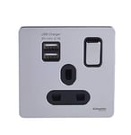 Schneider Electric GGBGU34102USBABPC - Plaque plate sans vis - Prise de courant unique avec ports de charge USB - Double pôle - 13 A - Chrome poli avec insert noir