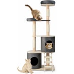 COSTWAY Arbre à Chat en Bois d’Hévéa, Centre d'Activités pour Chaton avec Griffoir et Echelle en Sisal, Tour à Chat avec 2 Condos Confortables et