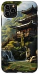 Coque pour iPhone 11 Pro Max Temple japonais vert, lever du soleil, lac cascade, arbres naturels