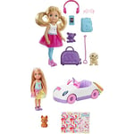 Barbie Club Chelsea Doll with Open-Top Rainbow Unicorn-Themed Car, Pet Puppy, Sticker Sheet & Accessories, Gift for 3 to 7+ - GXT41 & ​Chelsea Travel Doll, Blonde, for 3 to 7 Year Olds