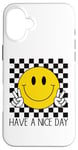 Coque pour iPhone 16 Plus Have a Nice Day, sourire rétro des années 70, visage souriant à carreaux