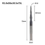 R1.0xD6x30.5x75L Fraise à bout conique en carbure de tungstène R0.25-R2.0 CNC, fraises pour bois et métal, outil de fraisage CNC ""Nipseyteko