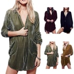 Wintesty Velvet Shirt Dress Jupe à manches longues avec col en V Doré/jaune/rouge/noir/vert Tailles S/M/L/XL