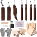 Ciseaux à Bois,23 in 1 Outils Sculpture sur Bois,Kit Sculpture Bois avec 7 Couteau Sculpture Bois,10PCS blocs de bois,1 moulure en bois,Avec gants anti-coupures, pierre à aiguiser, boîte de rangement