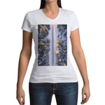 T-Shirt Femme Col V Forêt De Pins Sous La Neige Traversée Par Une Route Vue Aérienne Paysage 2