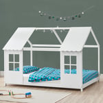 Lit cabane Tostedt pour enfant forme maison bois de pin 140 x 200 cm blanc [en.casa]