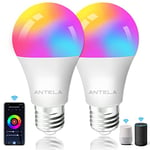 ANTELA Smart Bulb E27 Alexa WiFi Light Bulbs, 9W LED Screw Bulb 2700K-6500K RGB Multicolored Dimmable, Smart Life App Control, Compatible with Alexa, Google Home, No Hub Required, 2 Packs