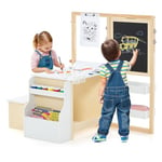 COSTWAY 2 en 1 Bureau Enfants en Bois avec Banc & Etagères, Tableau Enfant Double Face Réglable avec Rouleau de Papier & 5 Craies, Table à Dessin Enfants de 3 Ans+, Charge 50kg (Blanc)