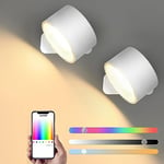 Lightess RGB Wall Lights Battery Operated Smart APP Control Rechargeable Wall Spotlight Dimmable Wall Sconce Light 19 Colors Adjustable Touch Control Wall Lamps for Bedroom Picture Lights White 2 Pc