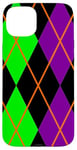 Coque pour iPhone 15 Plus Clowncore Halloween Losanges Plaid Violet Vert Clown Jester