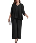 Hanna Nikole Women's Plus Size Evening Suit Sets 3-Piece Elegant Set Cocktail Party Festive Trouser Suit Three-Piece Chiffon Jacket and Shirt and High Waist Trouser Suit Black