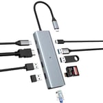 OOTDAY USB C Hub, 10 in 1 USB C Hub LAN pour MacBook Pro/Air, HP, Lenovo, Dell, Gigabit Ethernet, USB C Ethernet Adapter 4K HDMI, PD 100W