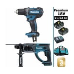 Pack Makita Premium 18V 5Ah: Perceuse 62Nm DDF482 + Perforateur 2J DHR202 + 2 batteries + sac MAK2220RTX Makita