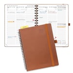 POPRUN Agenda 2025 Semainier 22 x 16,5 cm D'août 2024 à déc 2025, Planner Vertical Scolaire 17 Mois avec Couverture Souple Spirale, Règle et signet, Papier Certifié FSC®80 g/m² - Marron