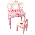 CCLIFE Coiffeuse Enfant Fille, Table de Maquillage avec 3 miroirs et Tabouret en Bois Rose et Blanc, Petite Coiffeuse pour Enfant avec Accessoires de Jouets de Maquillage