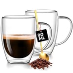 Avilia Lot de 2 tasses à café avec poignée en verre 90 ml – Idéal pour expresso ou café tacheté – Dimensions confortables 6,5 x 6,6 cm – Poignée ergonomique – Résiste aux chocs thermiques – Double