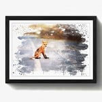 Arty Pie Framed Print Black A2 (24.5x18 Inch) Red Fox on The Road V3, Wood, Multi-Colour, 60 x 42 x 2 cm