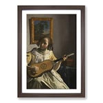 Big Box Art Johannes Vermeer Girl Playing Instrument Framed Wall Art Picture Print Ready to Hang, Walnut A2 (62 x 45 cm)