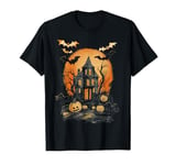 Vintage Spooky Halloween Hunted House Night Casual Graphic T-Shirt