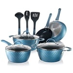 NutriChef 11 Pc Pots and Pans Set Non Stick Cookware with Ceramic Coating, Ergonomic Handles, Induction Ready, Includes Saucepan, Dutch Oven, Large & Small Fry Pans, Royal Blue