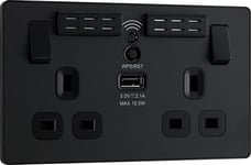 BG Electrical Double Switched Power Wall Plug Socket with Type A USB Charging Port and Wi-Fi Extender, Evolve, Matt Black, 13A, PCDMB22UWRB