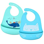 Vicloon Bébé Bavoir Silicone Souple, Lot de 2 bavoirs étanches en silicone, pour Bébé Imperméable, Tour de cou ajustable, Facile à Nettoyer pour bébés et jeunes enfants, Chat & Baleine