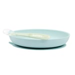 Nattou tallerken og skje i silikon lys blå 1 sett