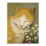 Sleeping With The Daisies Artwork By Gillian Keenan Cat Sleeping In Wildflower Meadow Pastel Colour Oil Painting Extra Large XL Unframed Wall Art Post